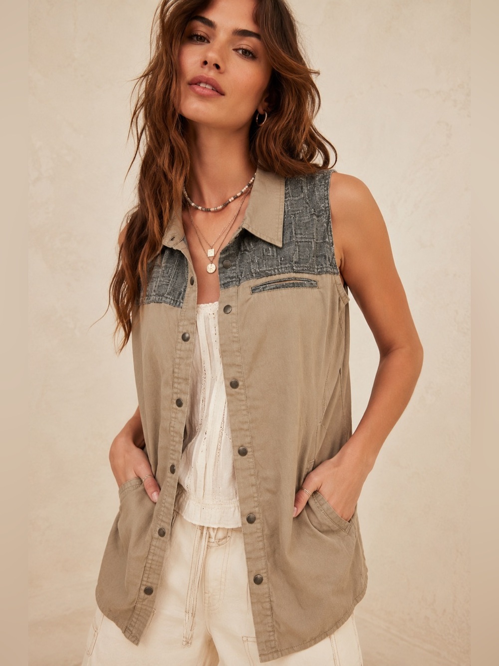 Gilded Intent Utility Vest Boho Safari Layering Cotton Khaki Gray Medium